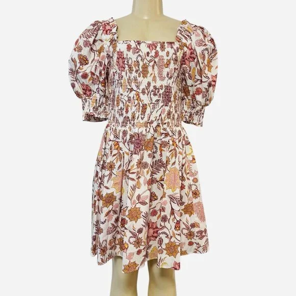 1.STATE REVOLVE Puff Sleeve‎ Smocked Mini Dress Fiesta Floral Batik Orange L - Picture 2 of 11